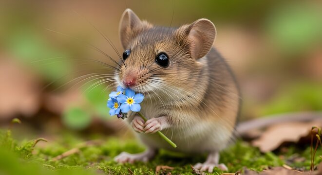 Adorable Field Mouse Holding a Delicate Blue Forget-Me-Not Flower.