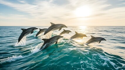Fototapeta premium A pod of dolphins leaps joyfully from the ocean waves at sunset.