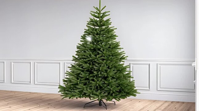 A lush full green Christmas tree stands proudly in a modern living room with wood paneled walls creating a warm and festive holiday atmosphere for family gatherings