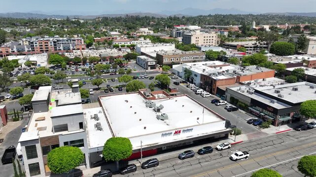 Fullerton, California, USA - Aerial View of Downtown Harbor Blvd with Commercial Buildings, Restaurants, Bars and Busy City Streets