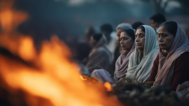 People sitting quietly around cremation fire during traditional Hindu funeral ritual, solemn mourning ceremony with family gathering, spiritual farewell, grief, remembrance and sac