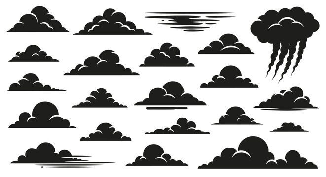 Collection of various black cloud silhouettes, including cumulus, stratus, and storm clouds, with some depicting rain or wind effects, isolated on a white background.