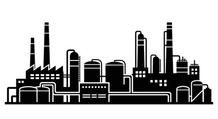 Obraz premium Black silhouette of a large industrial complex with multiple factory buildings, towering smokestacks, storage tanks, and interconnected pipelines, representing heavy industry.