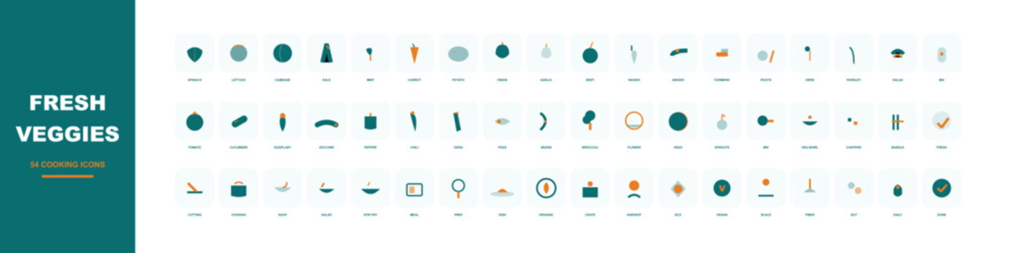 Fresh veggies icon set, 54 kitchen icons collection in flat vector style, organic food and vegetable symbols for grocery apps and healthy menu design