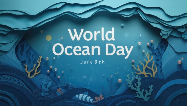 Ocean day june 8th celebration featuring layered paper cutout sea waves and underwater coral reefs