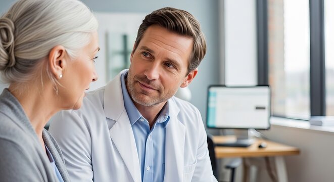 Doctor talking to senior woman in clinic office. Physician consulting patient about health during medical visit. Professional care, communication and support in healthcare