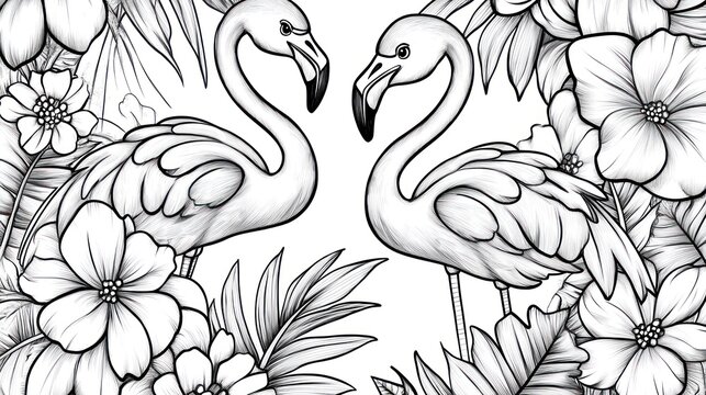 Two flamingos in a floral tropical frame, coloring page