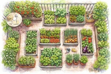 Obraz premium Urban balcony garden with vegetables in boxes. Watercolor illustration showing top view of terrace with assorted plants, pots