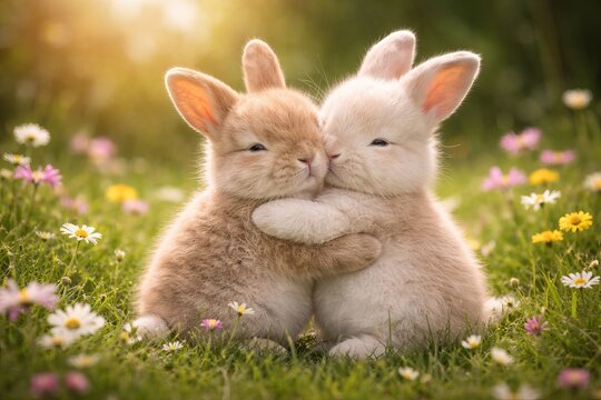 Two cute fluffy bunnies hugging in a sunny field full of spring flowers. Adorable animals embracing in nature at sunset. Concept of friendship, love and joy. Wildlife photography in meadow at Easter
