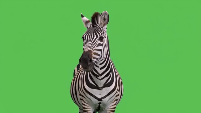 Zebra on chroma key green screen looks confused while shrugging and moving in all directions