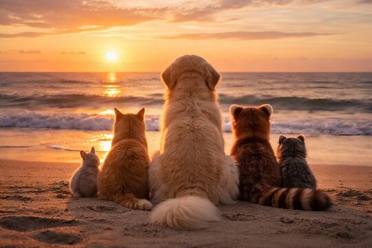 Group of animals sitting on beach watching sunset. Dog and cats looking at ocean water. Cute pets friendship concept. Wilderness nature scene for lifestyle and travel