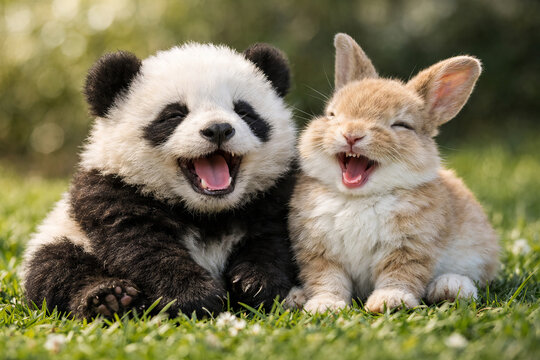 Animals laughing together sitting on green grass. Cute panda cub and fluffy bunny rabbit. Cheerful friends in nature. Funny creatures with happy expressions. Wildlife photography in summer meadow