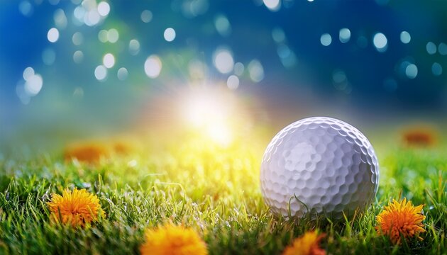 golf ball on grass with bokeh flowers glowing sun