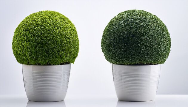 two green topiary in white pots on a white background
