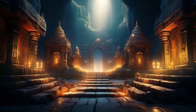 brooding sacred city glows beneath ethereal light as ancient stone whispers centuries of devotion