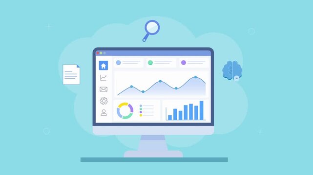 Looping flat animation of a cloud analytics dashboard with charts, search icon, and document elements, representing data processing, organization, and digital workflow.