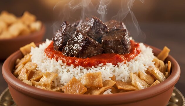 Steaming Hot Egyptian Meat Fatteh in a Rustic Clay Bowl
