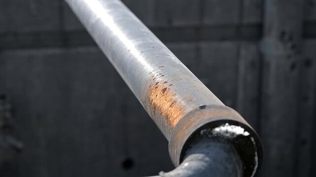 Long silver metal pipe with orange rust spots and corrosion marks in industrial environment