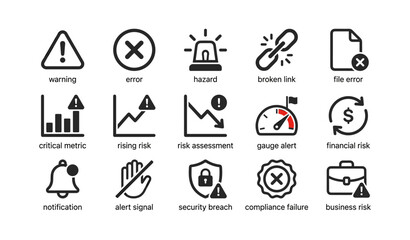 Fototapeta premium Risk and alert icons arranged in labeled grid on white background
