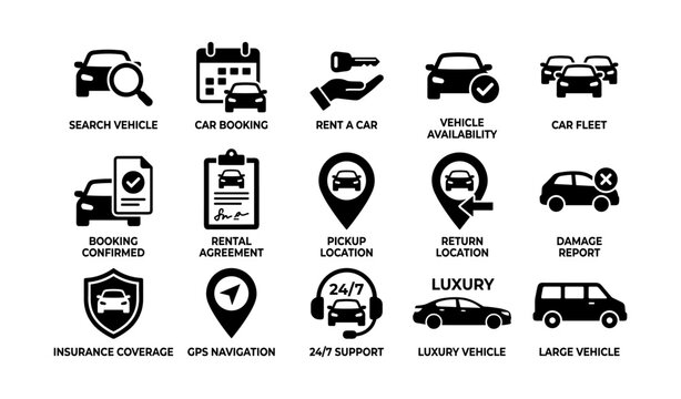 Car rental service icons showing booking and location options