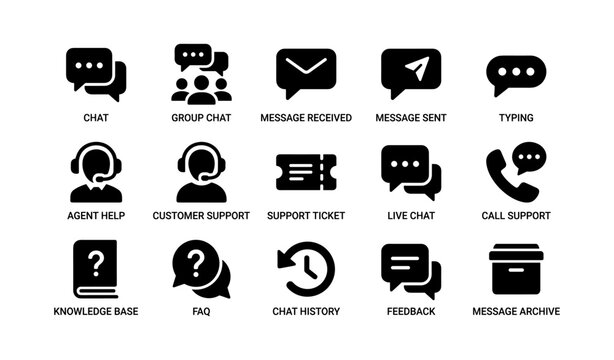 Communication and support icons arranged in labeled grid on white