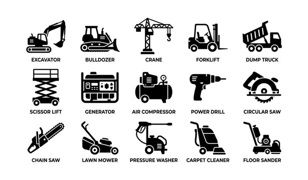 Construction and power tool icons displayed on white grid background