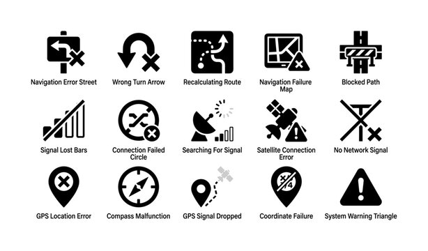 Navigation and gps error icons arranged in grid on white background