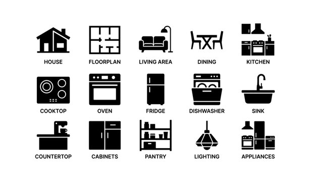 House and kitchen icons arranged in grid on white background