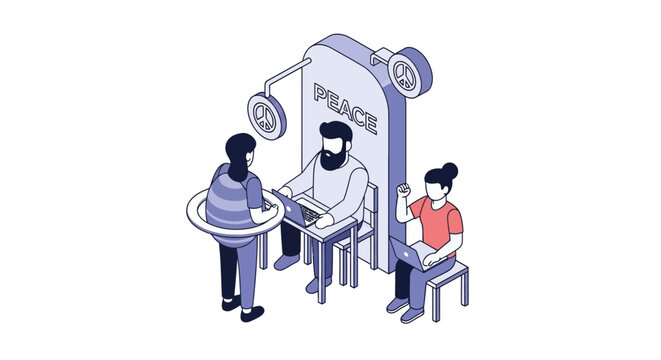 Isometric illustration of police station with officers and suspects.