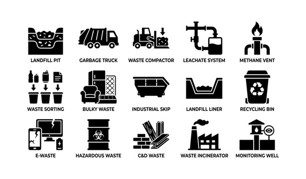 Waste management icons showing disposal sorting and treatment