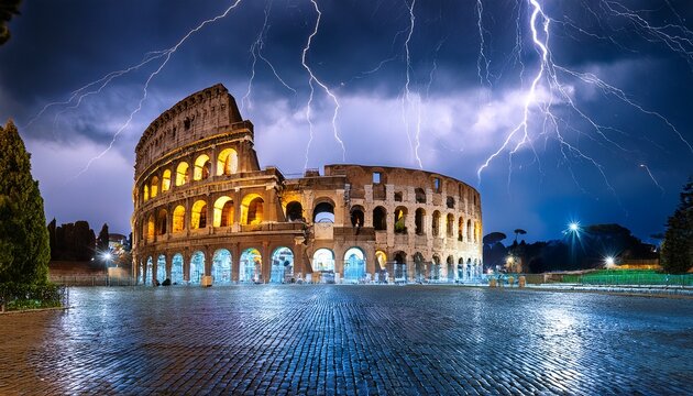 roman coliseum at night with storm and lightning striking