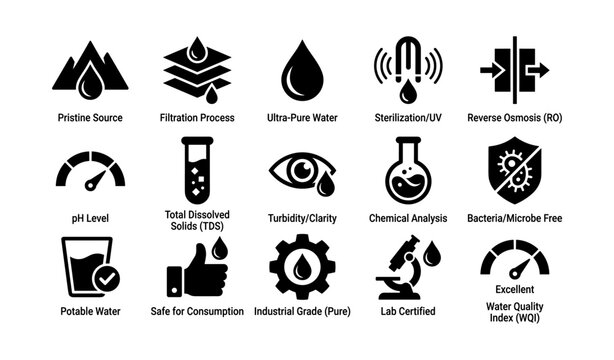 Water quality and purification icons showing testing and treatment