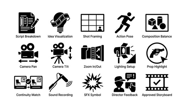 Film production icons showing planning and set actions