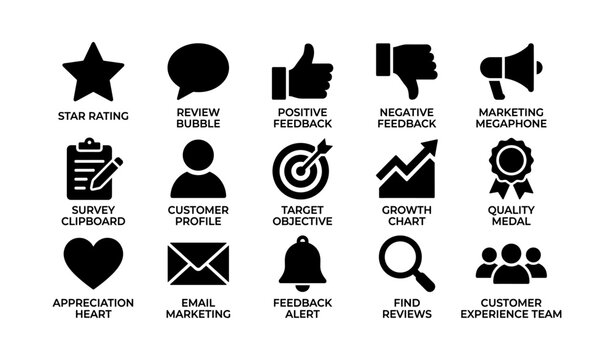 Customer feedback and marketing icons arranged in grid