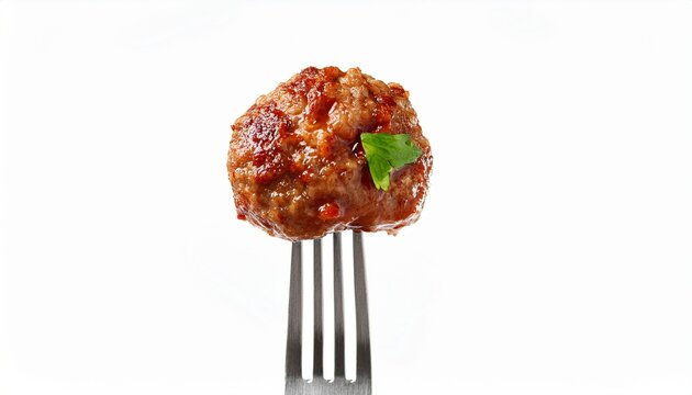 a meatball on a fork isolated on a white background a close up view of a perfect bite of a classic dinner entree