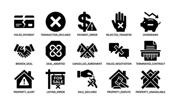Financial failure and property error icons in a grid on white