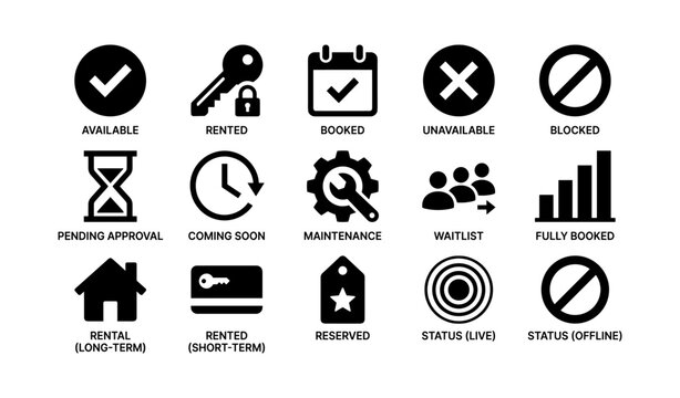 Rental and booking status icons arranged on white background