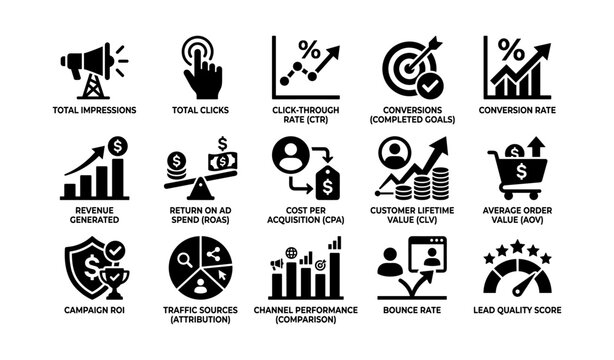 Marketing metrics icons displaying analytics on white background