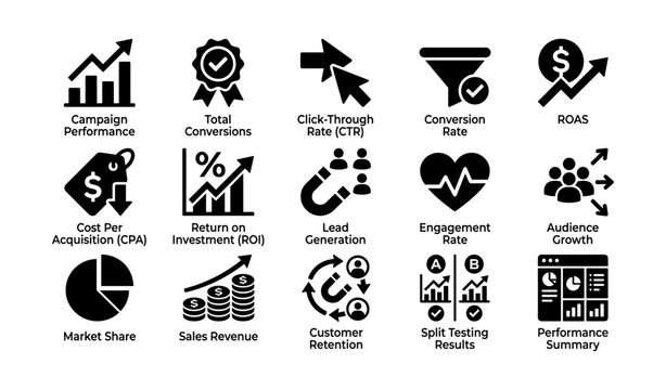 Marketing icons showing performance and conversion metrics on white