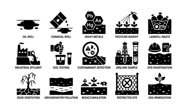 Contamination and remediation icons arranged in grid on white