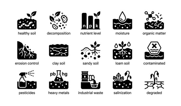 Soil health and contamination icons arranged in grid on white