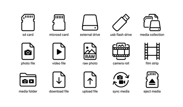 Storage and media icons representing file types on white background