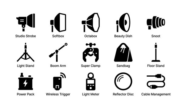 Photography lighting accessories arranged in grid on white background