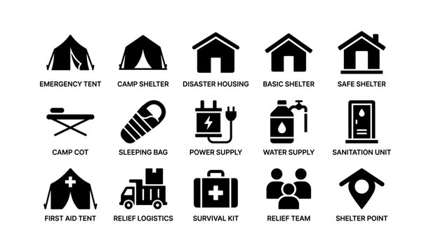 Disaster shelter and relief supply icons on white background