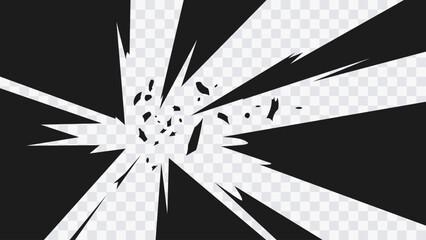 Abstract manga-style explosion burst with sharp radial beams and scattered debris fragments. High-contrast black shapes radiate from the center, creating a strong sense of impact and energy. © Oleg