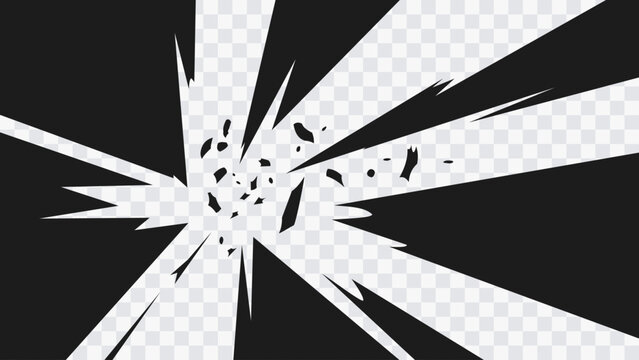 Abstract manga-style explosion burst with sharp radial beams and scattered debris fragments. High-contrast black shapes radiate from the center, creating a strong sense of impact and energy.