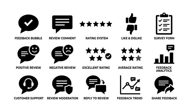 Feedback and review icons displayed in rows on white background
