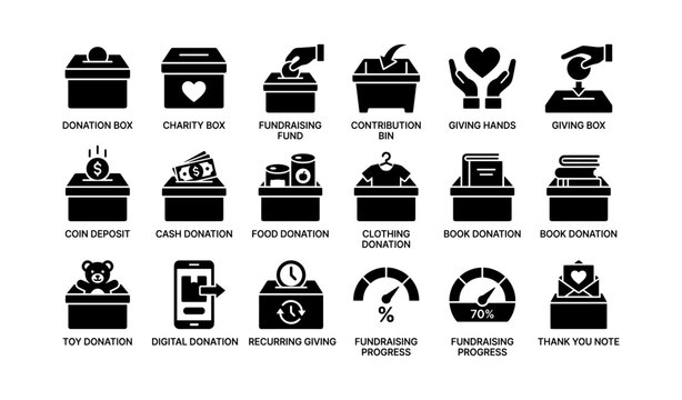 Donation and fundraising icons showing giving methods and items