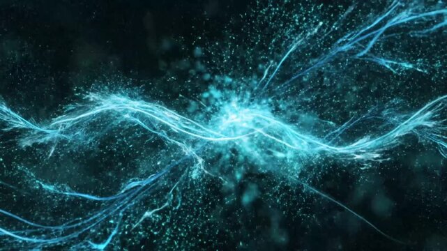 Abstract blue light lines intersecting with glowing particles creating a dynamic energy burst.