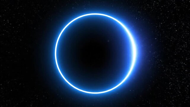 Abstract blue neon light ring glowing in darkness